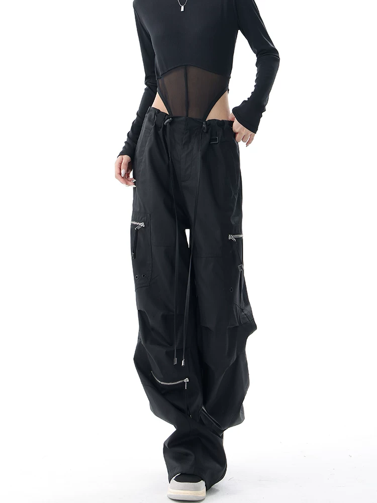 KEN STUDIO Quần ống rộng màu đen mới mùa xuân thu dành cho nữ, thiết kế thon gọn vòng eo, quần jogger rộng rãi.