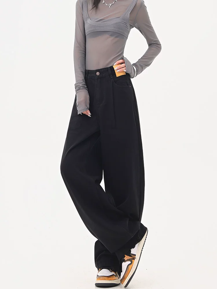 KEN STUDIO Quần jean ống đứng màu đen phong cách Mỹ dành cho nữ, quần ống rộng dáng rộng mới mùa thu đông.