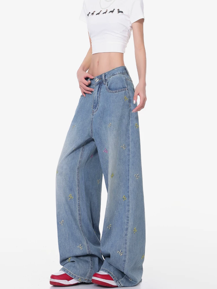 KEN STUDIO quần jean ống rộng thêu nơ phong cách mùa hè mới dành cho nữ, quần cạp cao, dáng rộng, quần thường ngày giúp giảm béo