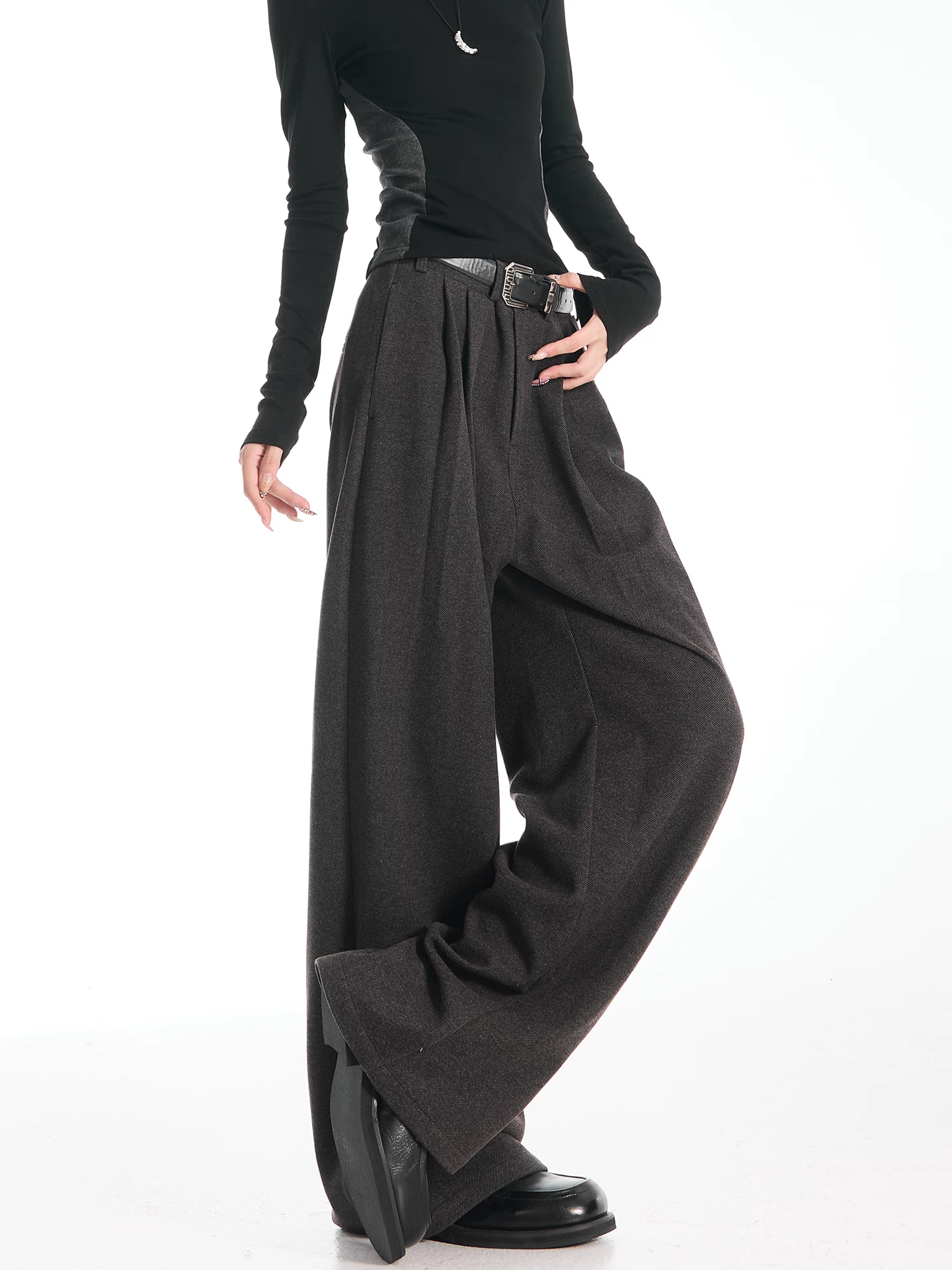 KEN STUDIO Quần tây ống rộng dày màu xám đậm thu đông mới dành cho nữ, quần ống rộng dáng rộng, quần ống thẳng