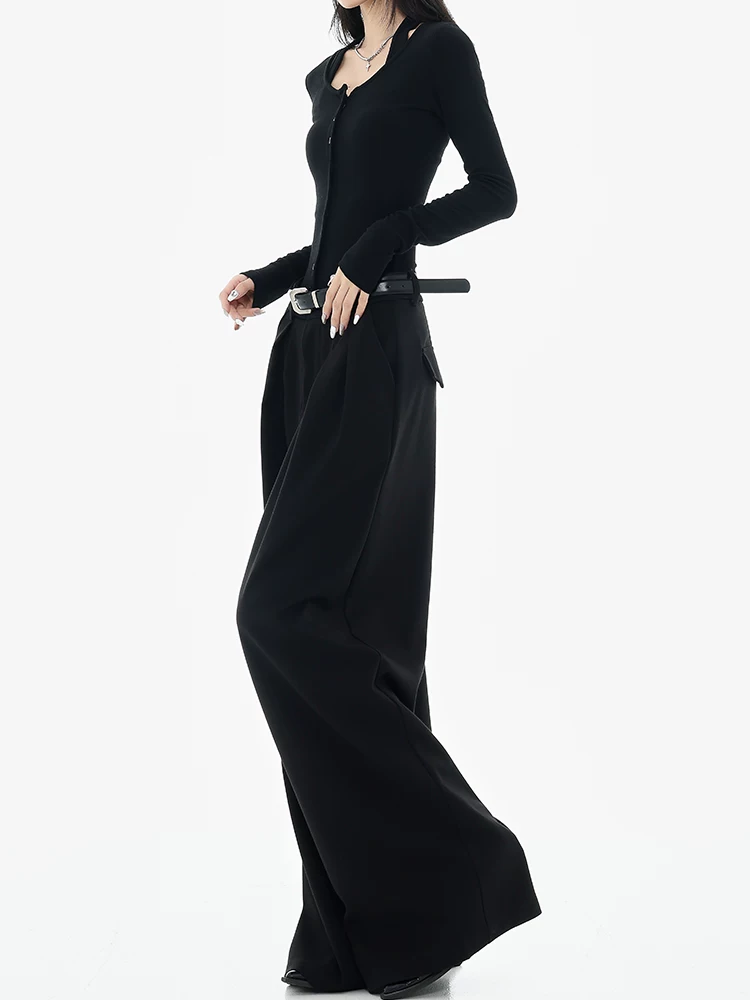 KEN STUDIO Xuân Thu Quần tây ống rộng màu đen mới dành cho nữ, thiết kế cao cấp, xếp nếp, dáng rộng, giảm béo, quần dài ngang sàn