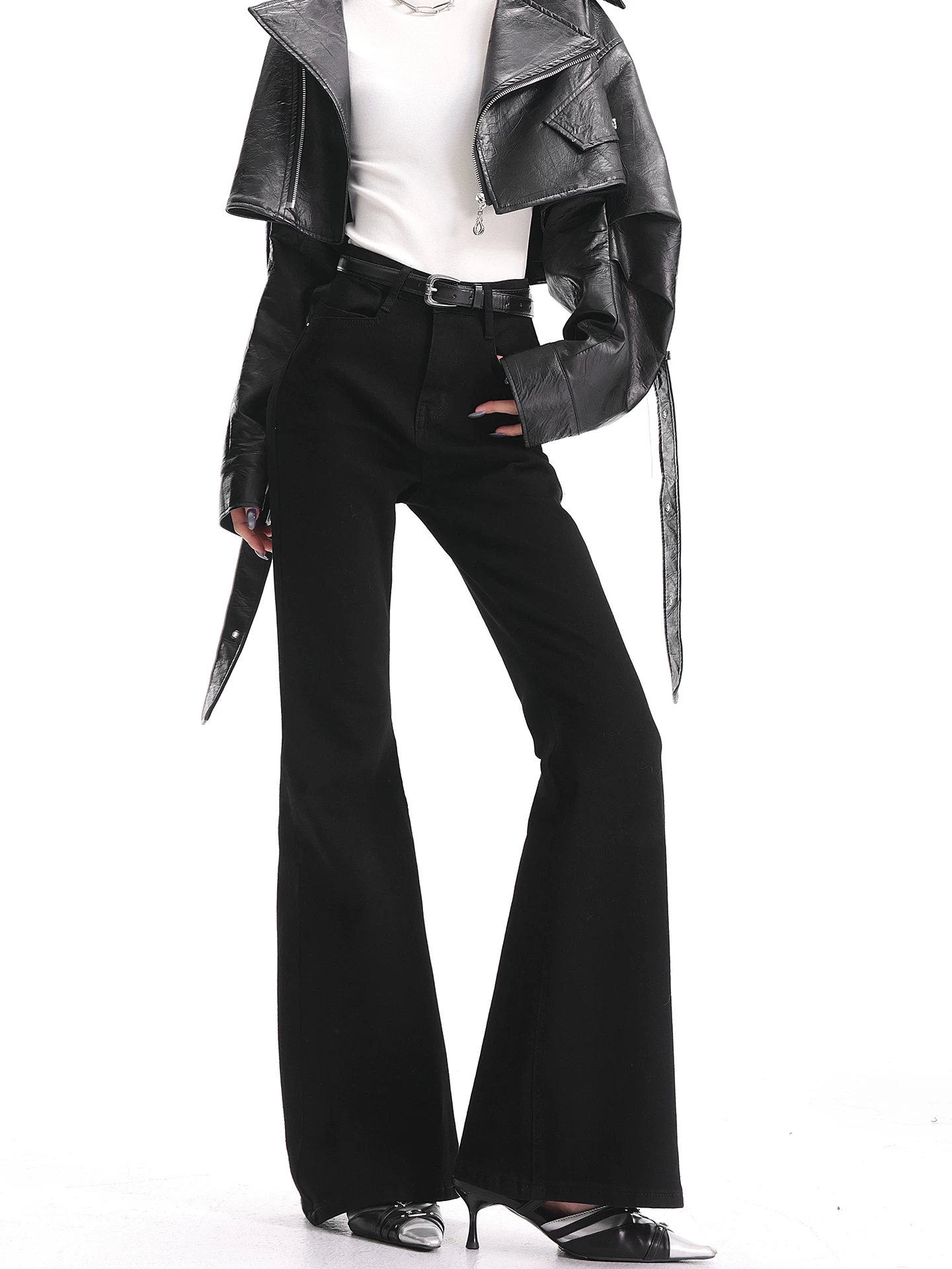 Quần jean bootcut màu đen cổ điển thu đông của KEN STUDIO dành cho nữ, quần ống loe cạp cao, co giãn, ôm sát, tôn dáng