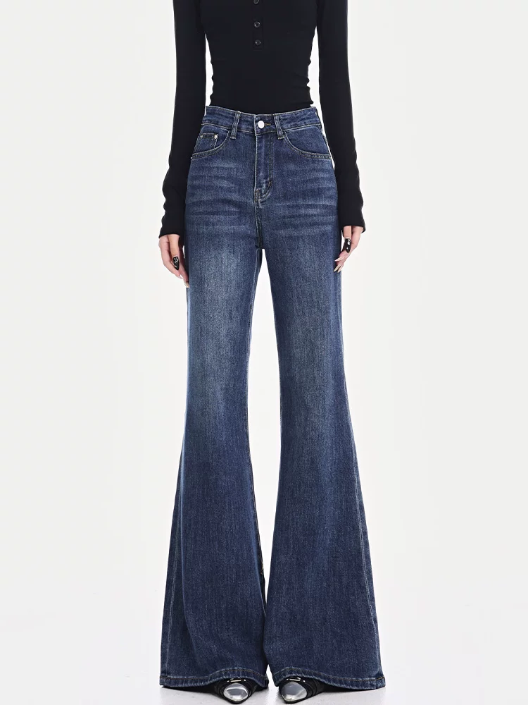 KEN STUDIO quần jean ống loe màu xanh cổ điển mới mùa thu đông dành cho nữ, quần ống loe co giãn lưng cao giảm béo cho cô gái nóng bỏng