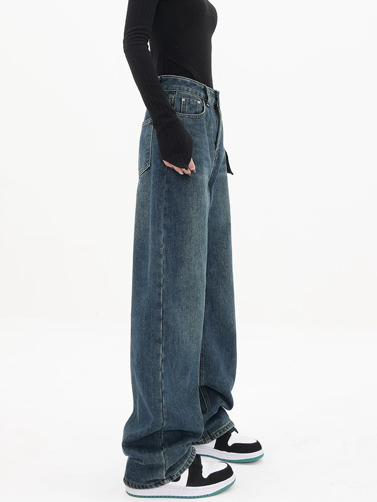 Quần jeans ống rộng màu xanh retro lót lông cừu mùa thu đông KEN STUDIO2025 dành cho nữ, kiểu dáng thẳng, rộng rãi, thoải mái