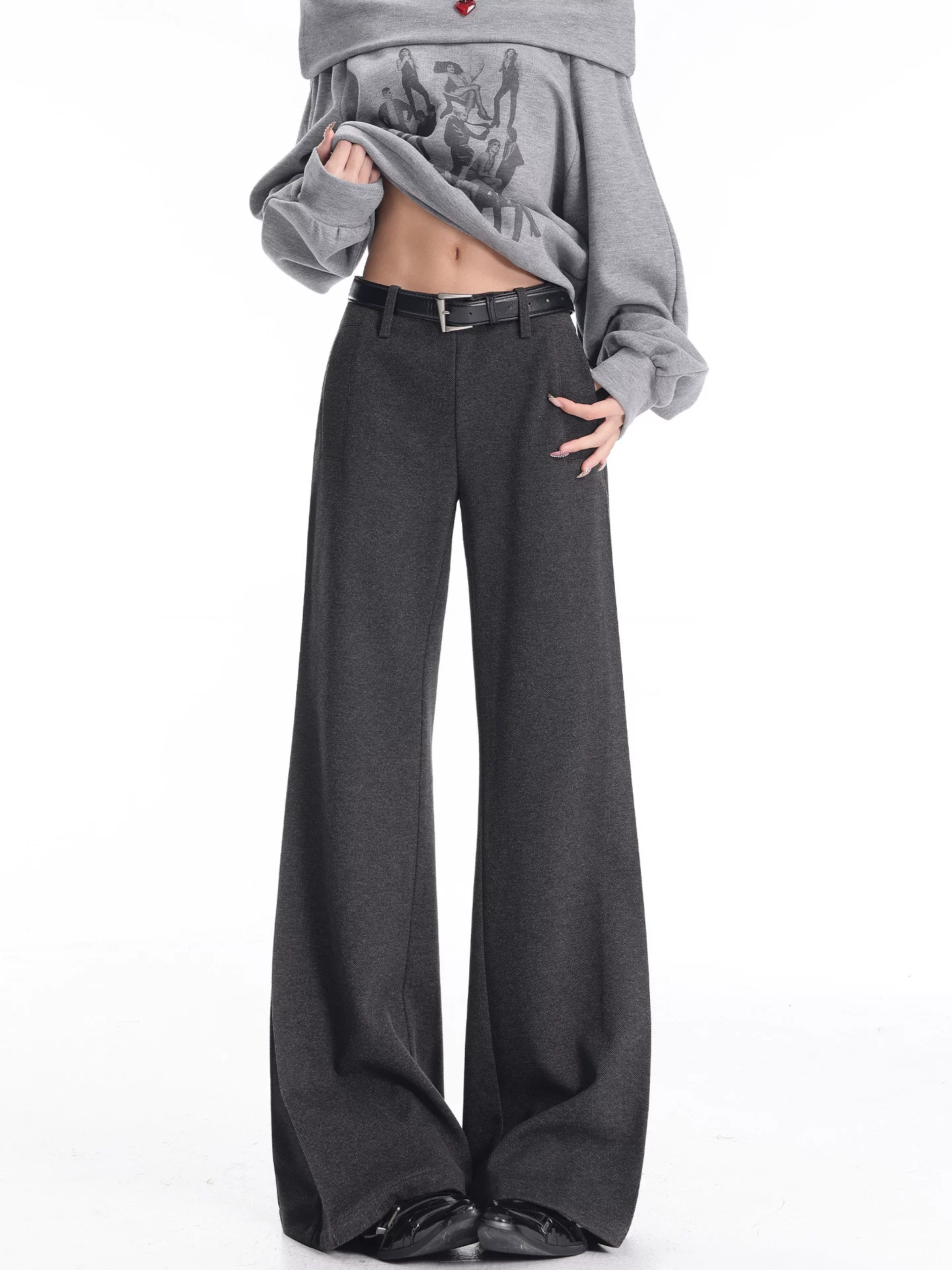 KEN STUDIO Quần âu ống loe siêu nhỏ màu xám đậm thu đông mới dành cho nữ, dáng ôm, tôn dáng, quần ống rộng dài đến sàn