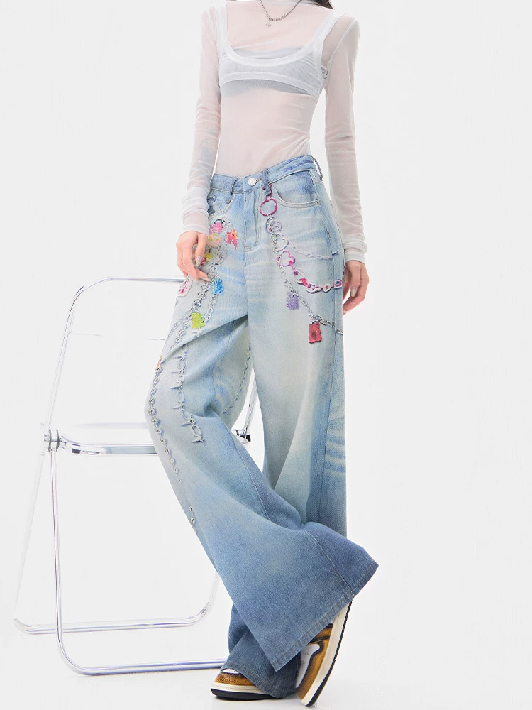 KEN STUDIO Quần jean ống rộng in họa tiết kiểu Mỹ dành cho nữ, quần dài dáng rộng dáng rộng mới mùa hè