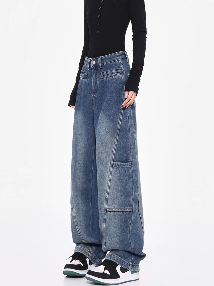 Quần jean công sở cổ điển KEN STUDIO dành cho nữ, quần ống rộng lót lông cừu mùa thu đông, quần hình lưỡi liềm, quần chuối, quần dài đến sàn