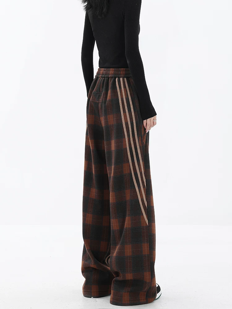 KEN STUDIO quần kẻ sọc giản dị theo phong cách retro mới mùa thu đông dành cho nữ với thiết kế màu sắc tương phản quần ống rộng thẳng