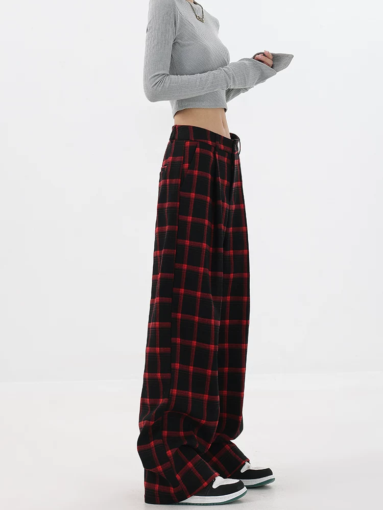 KEN STUDIO quần kẻ sọc cổ điển dày dặn lót lông cừu mùa thu đông dành cho nữ, quần ống đứng dáng rộng ấm áp, giản dị