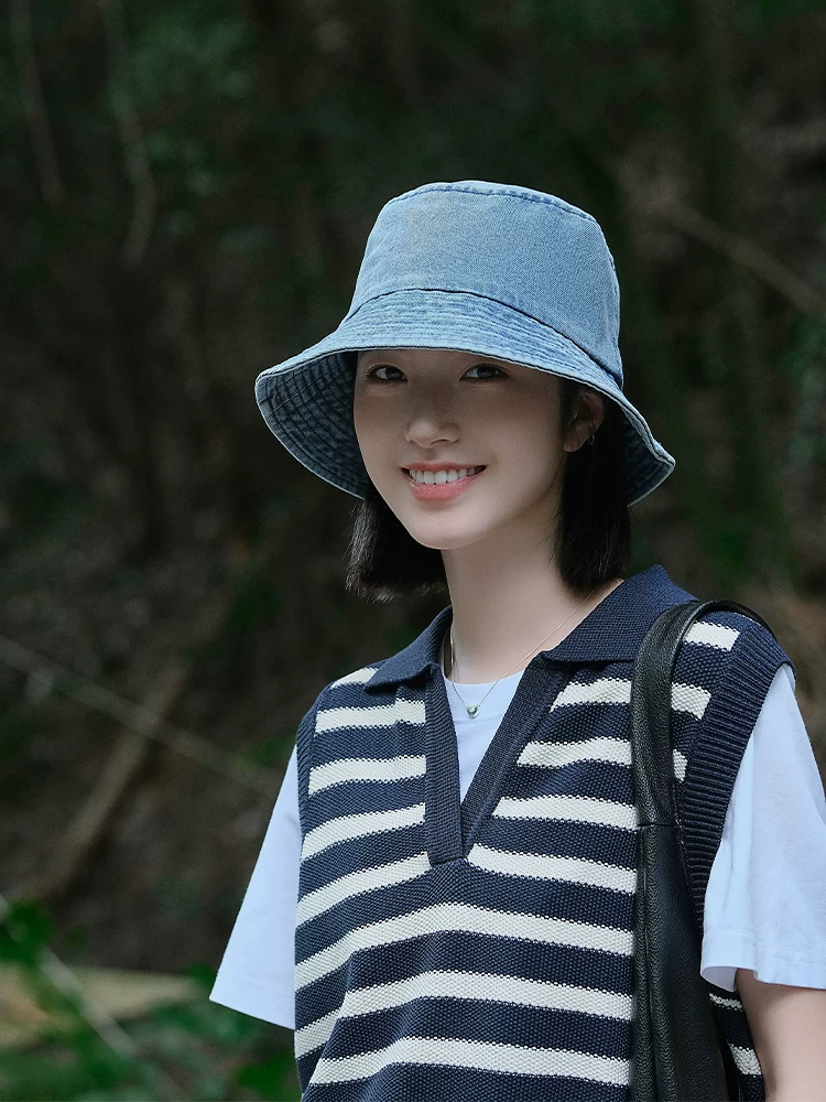 Mũ xô denim dành cho nữ, kiểu mới xuân thu 2024, chu vi đầu lớn, chống nắng, làm thon mặt, mũ xô kiểu Nhật ngoài trời.