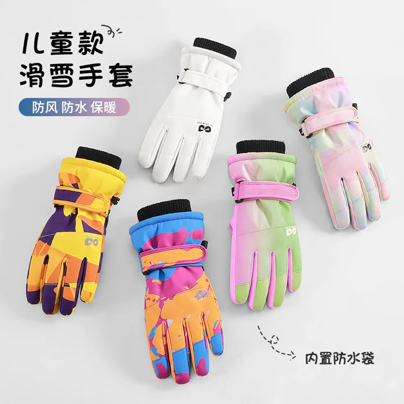 Găng tay trượt tuyết dành cho trẻ em mùa đông, lót lông cừu, giữ ấm và chống lạnh cho bé trai, găng tay năm ngón chống gió và chống nước cho bé gái để chơi tuyết ngoài trời.