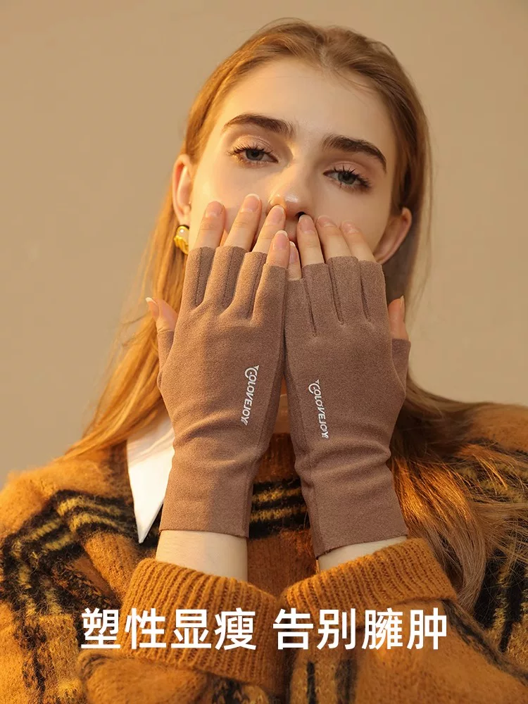 Găng tay nửa ngón cho nữ, mùa thu đông, màu hồng, ấm áp, găng tay nhung dày, không thấm nước, chống gió, chống lạnh, lái xe, chống trượt, màn hình cảm ứng