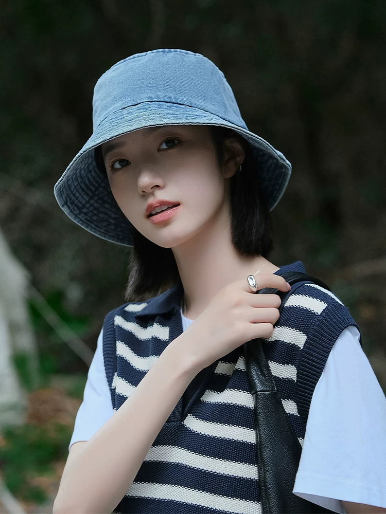 Mũ xô denim dành cho nữ, kiểu mới xuân thu 2024, chu vi đầu lớn, chống nắng, làm thon mặt, mũ xô kiểu Nhật ngoài trời.