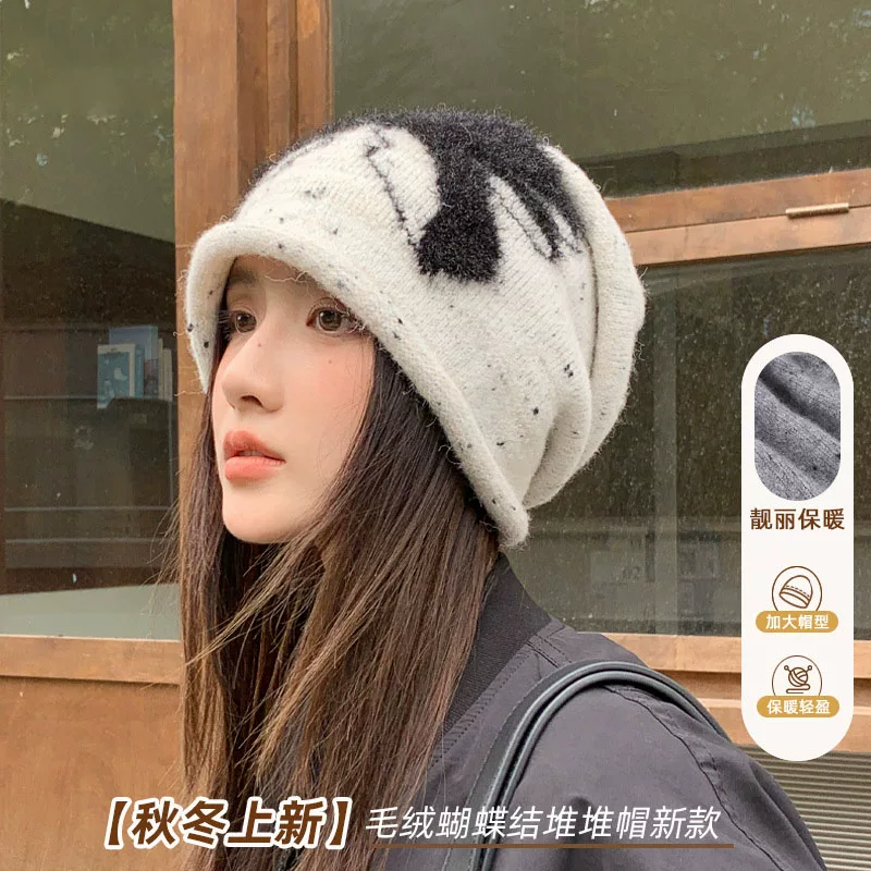 Mũ lười dành cho nữ mùa thu đông, phong cách Hàn Quốc, đa năng, chu vi đầu lớn, nơ sang trọng, ấm áp, bảo vệ tai, mũ len dệt kim.
