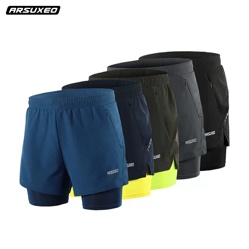 Quần short thể thao mùa hè nam Aisuo, hai lớp, nhanh khô, thoáng khí, chống lộ, tập luyện marathon, thể dục, quần chạy ba phần tư