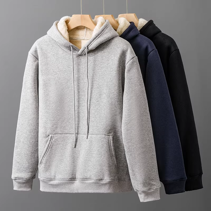 Áo len có mũ trùm đầu bằng len cừu nặng 500G dành cho nam, phong cách Mỹ mùa thu đông, lót lông cừu, dày dặn, ấm áp, áo khoác chui đầu màu trơn.