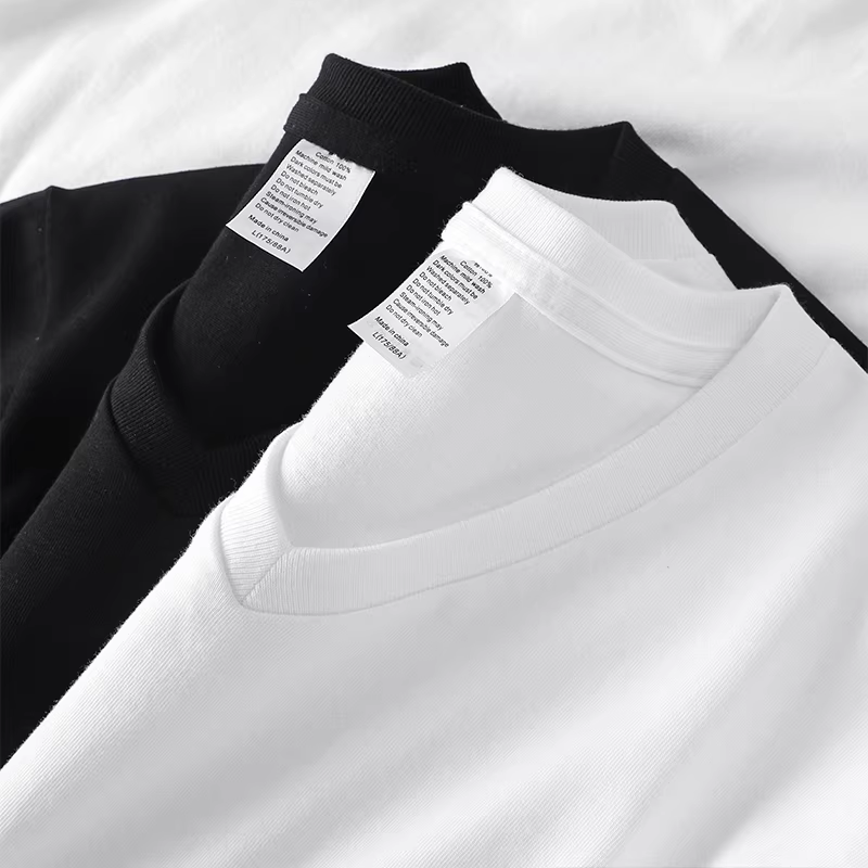 Áo thun hạng nặng 270G kiểu Nhật dành cho nam, cổ chữ V, cotton nguyên chất, áo sơ mi ngắn tay thường xuyên mặc mùa hè, màu trơn màu trắng cổ nửa tay kiểu sweetheart.