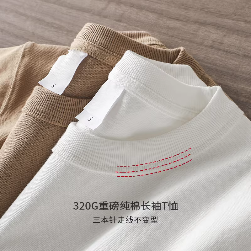 Áo thun dài tay hạng nặng 320G kiểu Mỹ ba kim dành cho nam, áo len dày màu trơn cổ tròn mùa thu đông dành cho nam.