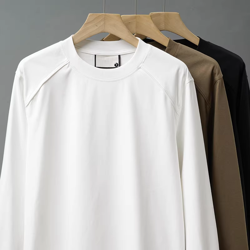 Áo thun nam tay dài cổ tròn, kiểu dáng Mỹ mùa xuân thu, lớp trong màu trơn với tay raglan, áo sweatshirt rộng rãi.