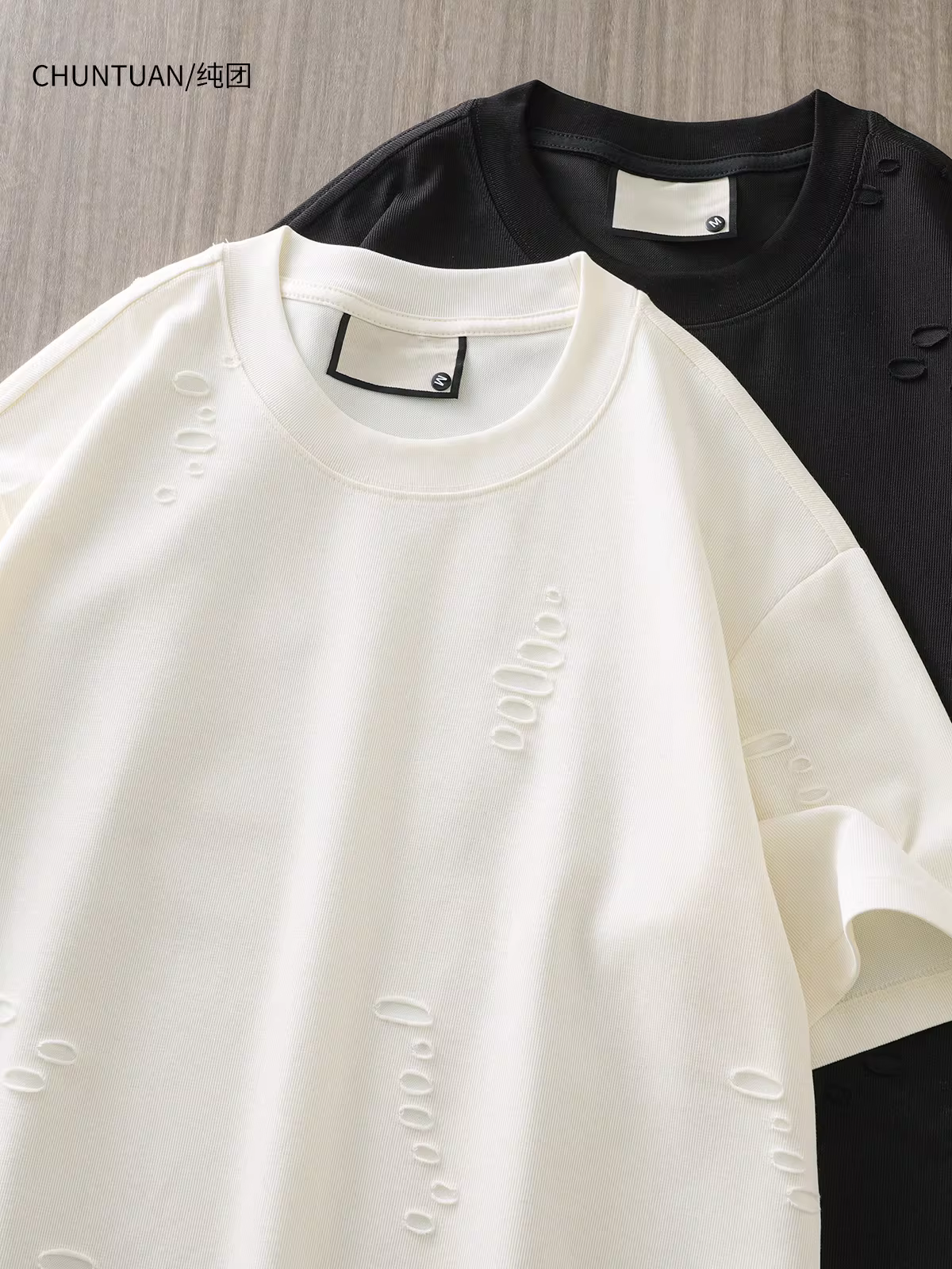 Áo thun nam chất dày, tay ngắn, kiểu dáng thời trang đường phố Mỹ mùa hè, áo kiểu vintage rách cá tính.