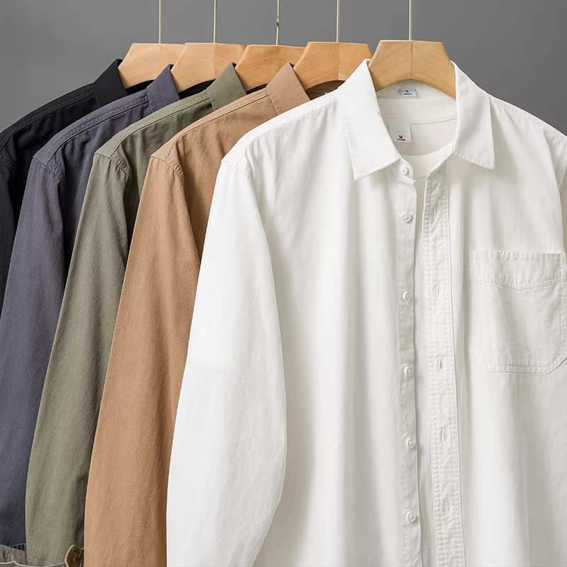 Áo sơ mi cotton dày 350G kiểu Mỹ dành cho nam, dài tay, mùa xuân thu, áo sơ mi công sở có túi cổ điển, áo khoác lớp trong màu trắng