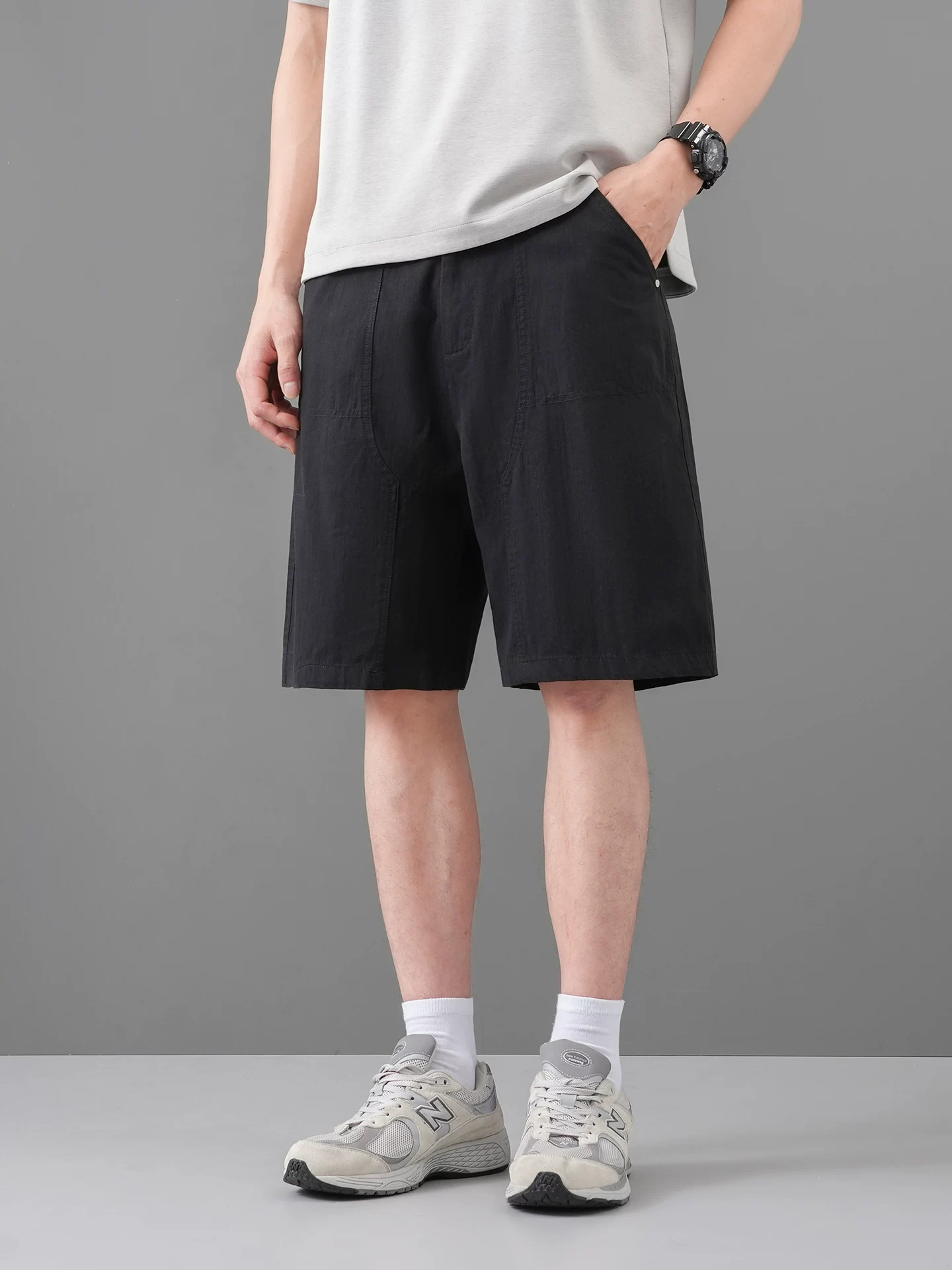 Quần short công sở cotton nguyên chất mùa hè dành cho nam, quần cotton mỏng dài vừa phải, quần short năm điểm dáng rộng thoáng khí phong cách Mỹ