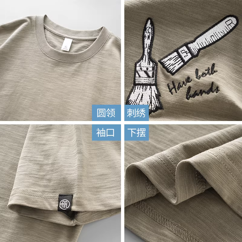 Áo thun cotton tre nặng 230G dành cho nam, tay ngắn, thêu cổ điển kiểu Mỹ mùa hè, chất liệu cotton nguyên chất, kiểu dáng rộng, tay lửng dành cho thanh thiếu niên