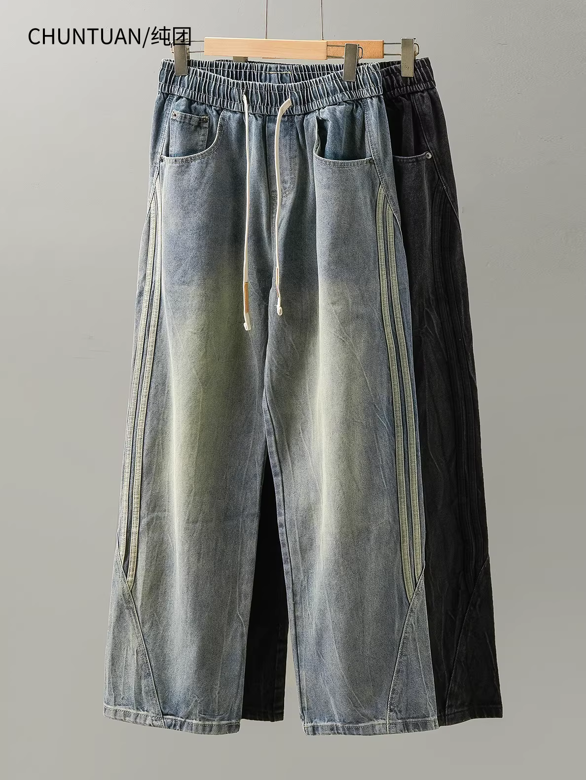 Quần jeans nam kiểu Mỹ cổ điển, thời thượng cao cấp mùa hè 2024, kiểu dáng thẳng rộng, xu hướng đường phố, quần ống rộng