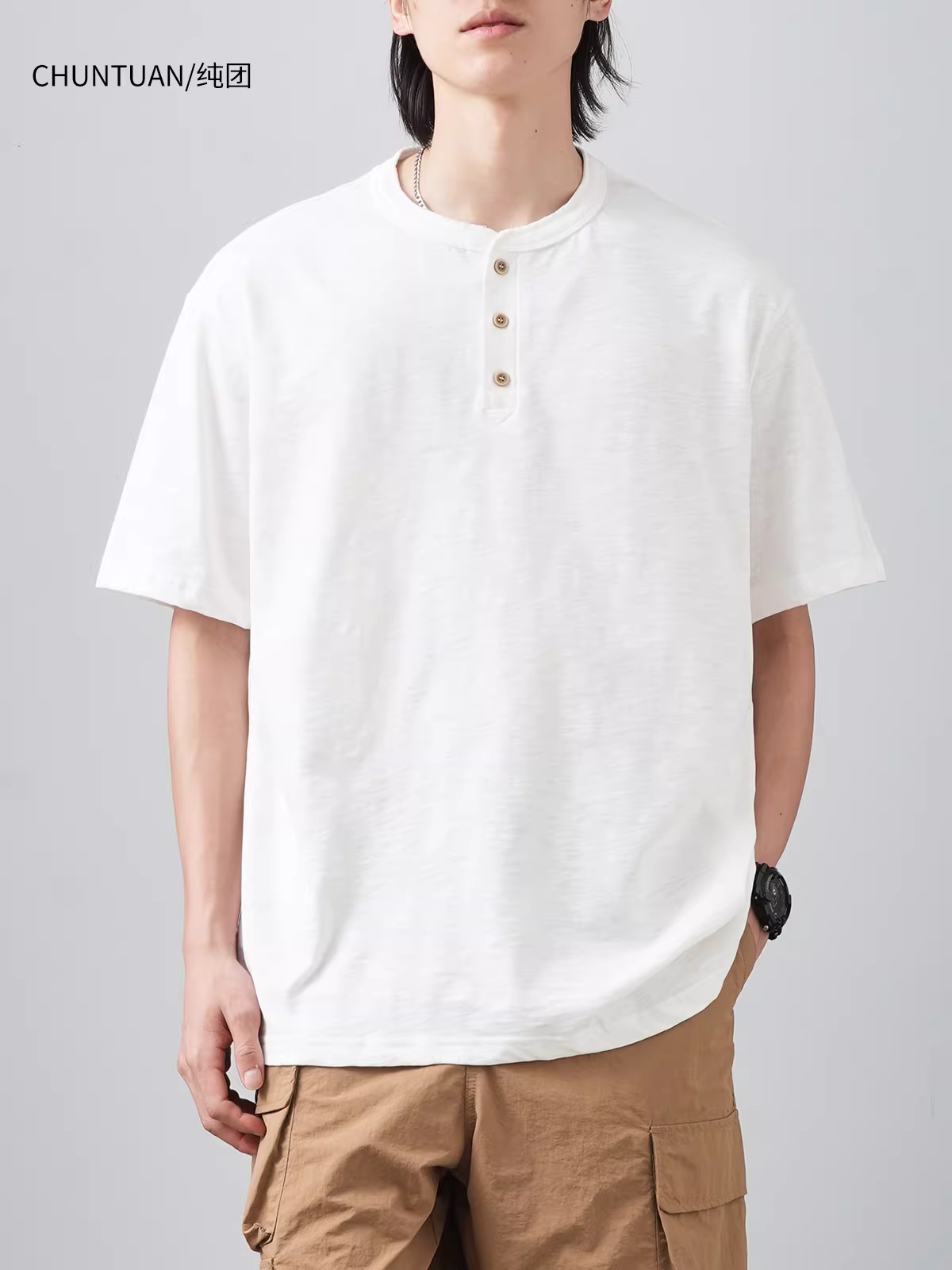 Áo thun nam cổ henley chất liệu cotton tre nặng 250G, tay ngắn, kiểu dáng mùa hè, phong cách retro Mỹ, áo thun henley rộng rãi, thoải mái