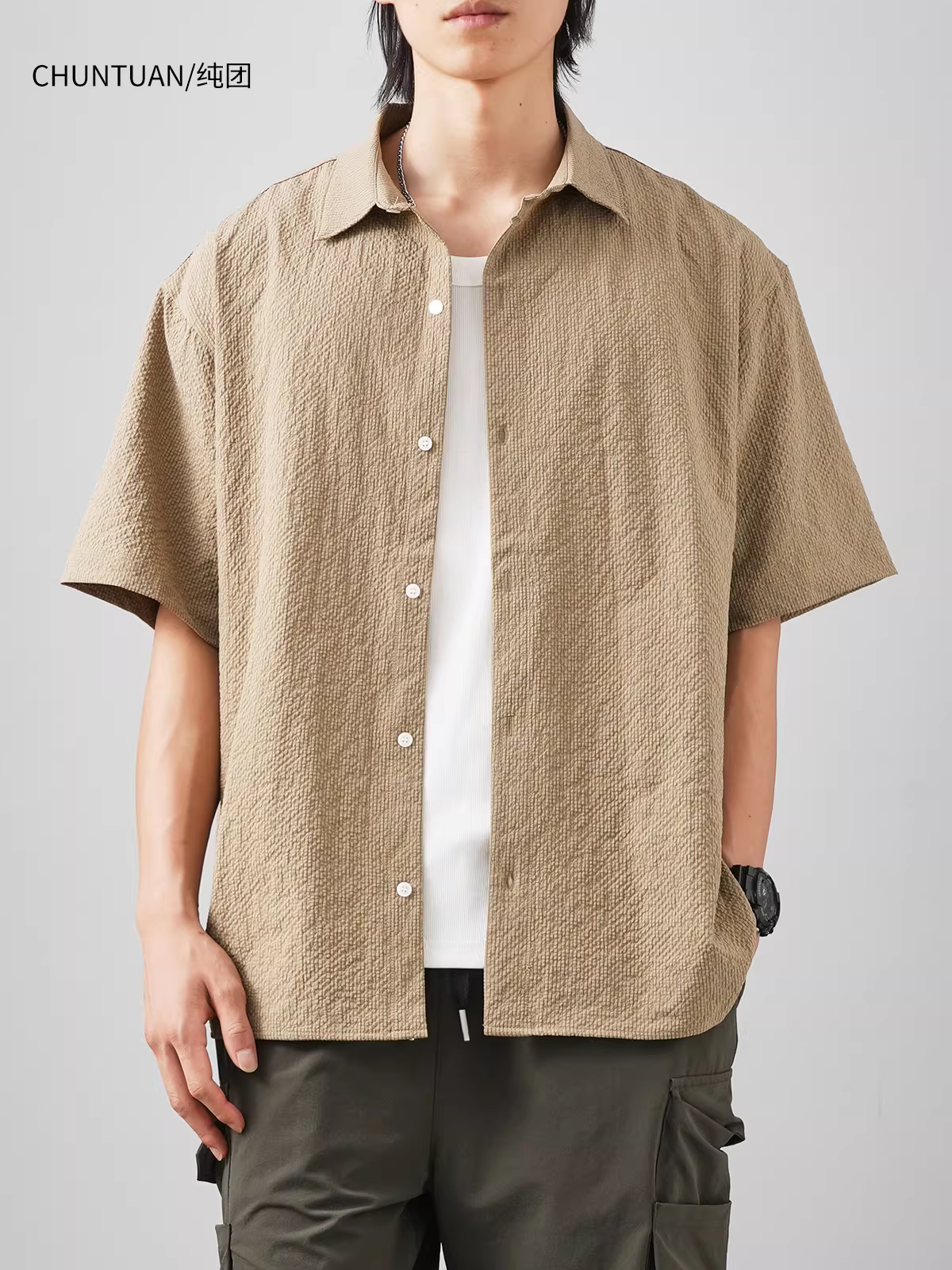 Áo sơ mi gạc bong bóng mát mẻ dành cho nam, tay ngắn, phong cách mới mùa hè 2024, kiểu dáng retro rộng rãi, áo sơ mi cao cấp, áo khoác nhẹ