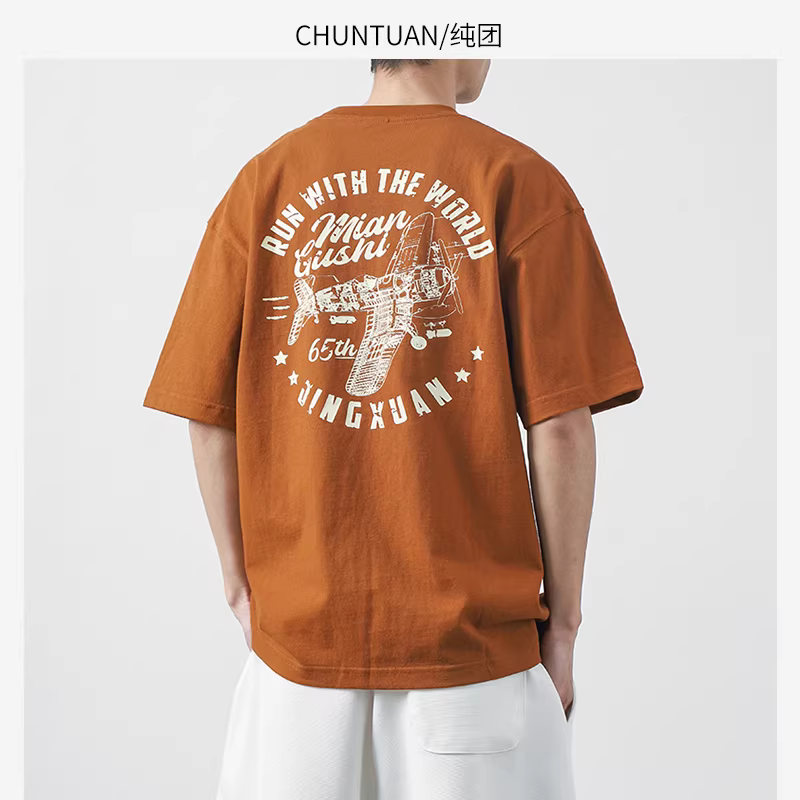 Áo thun nam chất liệu cotton 100% kiểu Mỹ, nặng 320G, tay ngắn, mùa hè, in họa tiết máy bay chiến đấu cổ điển, mang lại cảm giác cao cấp.