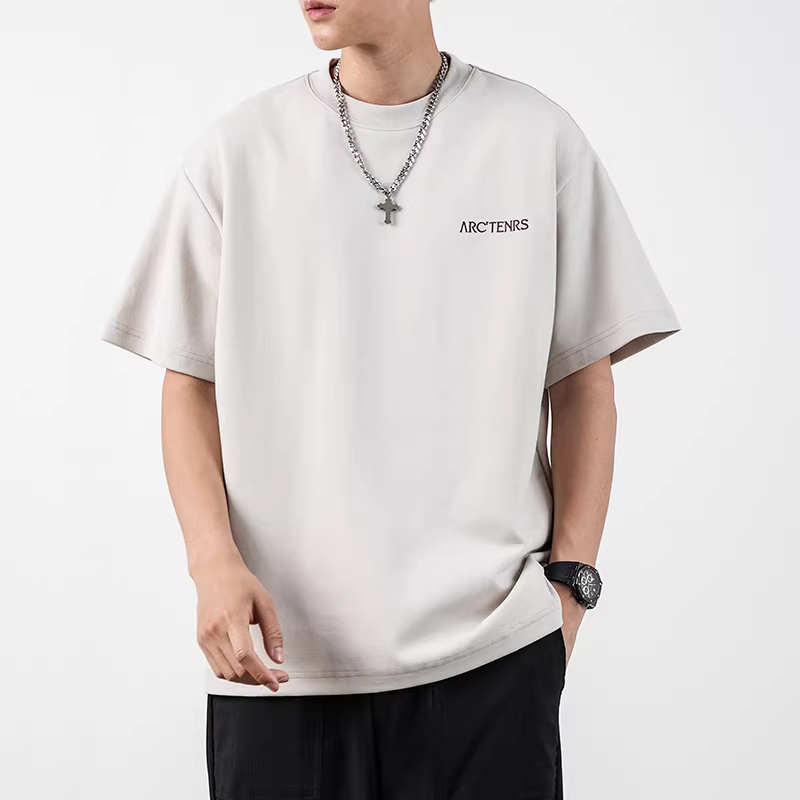 Áo thun hạng nặng 320G kiểu Mỹ thuần túy dành cho nam, tay ngắn, cổ tròn mùa hè, thêu, nửa tay đơn giản, vai thường, áo cơ bản, thương hiệu thời thượng.