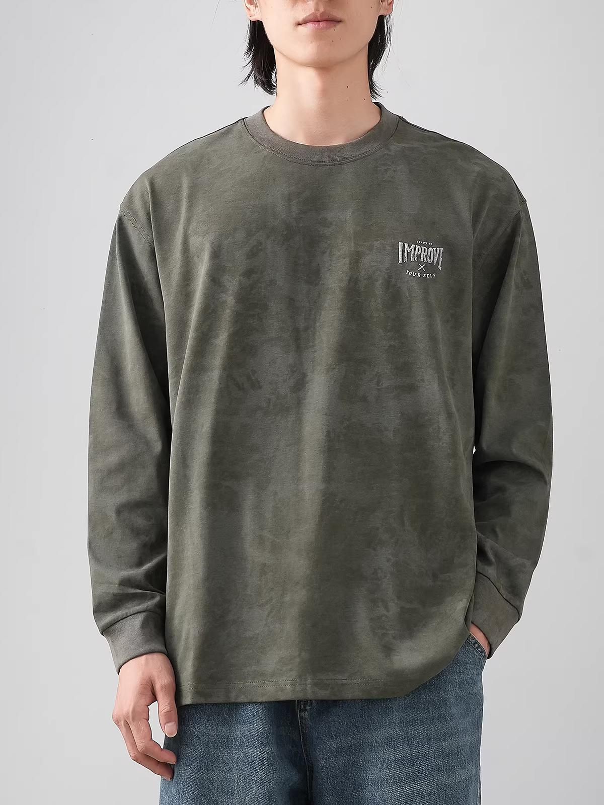 Áo thun tie-dye nam 270G, tay dài, mẫu mới thu đông 2024, thương hiệu thời thượng, kiểu dáng rộng cổ tròn, áo thun basic vintage