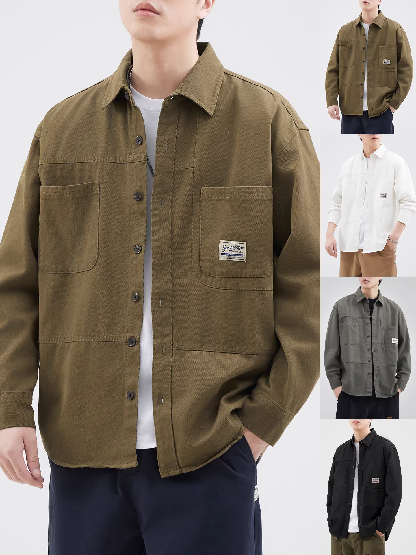 Áo khoác kiểu áo sơ mi làm việc bằng vải cotton nguyên chất dành cho nam giới, mùa thu kiểu Mỹ cổ điển hợp thời trang thương hiệu áo cardigan dáng rộng bằng vải cotton nguyên chất áo sơ mi dài tay