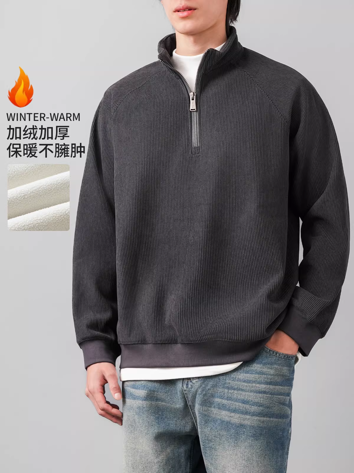 Áo nỉ nam chất liệu corduroy dày 460G, kiểu dáng thu đông mới, lót lông cừu và dày dặn, áo khoác cổ đứng phong cách Mỹ.