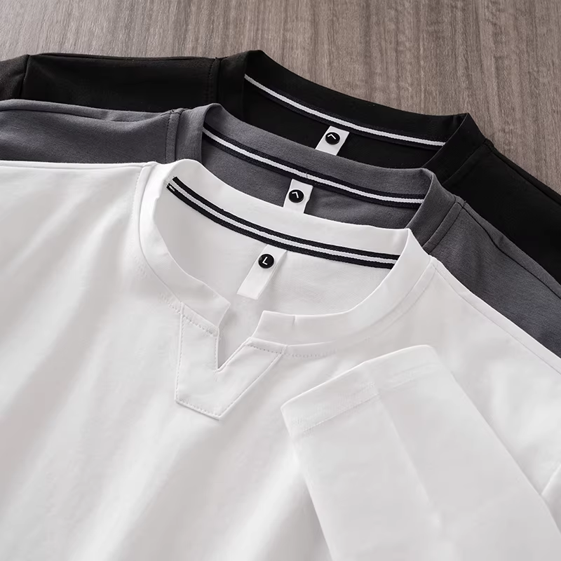 Áo thun cổ chữ V cỡ nhỏ dành cho nam, dài tay, mùa xuân thu, áo nỉ cổ tròn kiểu Mỹ, áo sơ mi màu trắng tinh khiết dáng rộng.
