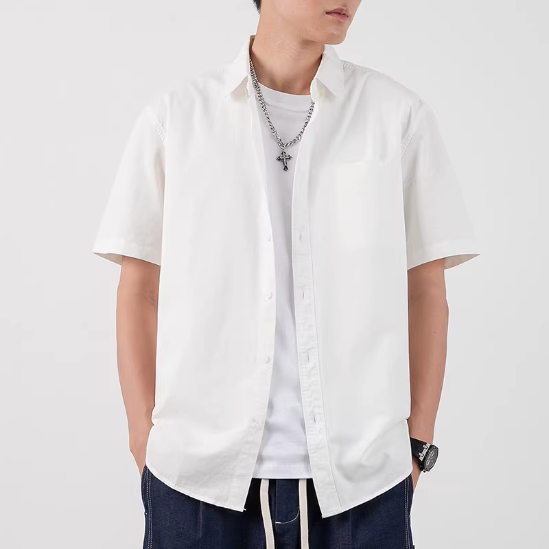 Áo sơ mi nam chất liệu cotton nguyên chất, kiểu dáng Mỹ, tay ngắn, mẫu hè mới, màu trơn, thiết kế độc đáo có ve áo và túi, áo sơ mi trắng nam.