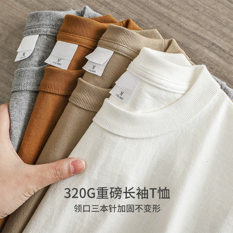 Áo thun dài tay bằng cotton nguyên chất hạng nặng 320G dành cho nam, áo len cổ tròn rộng rãi và dày dặn cho mùa xuân và mùa thu, áo sơ mi ba kim màu trơn.