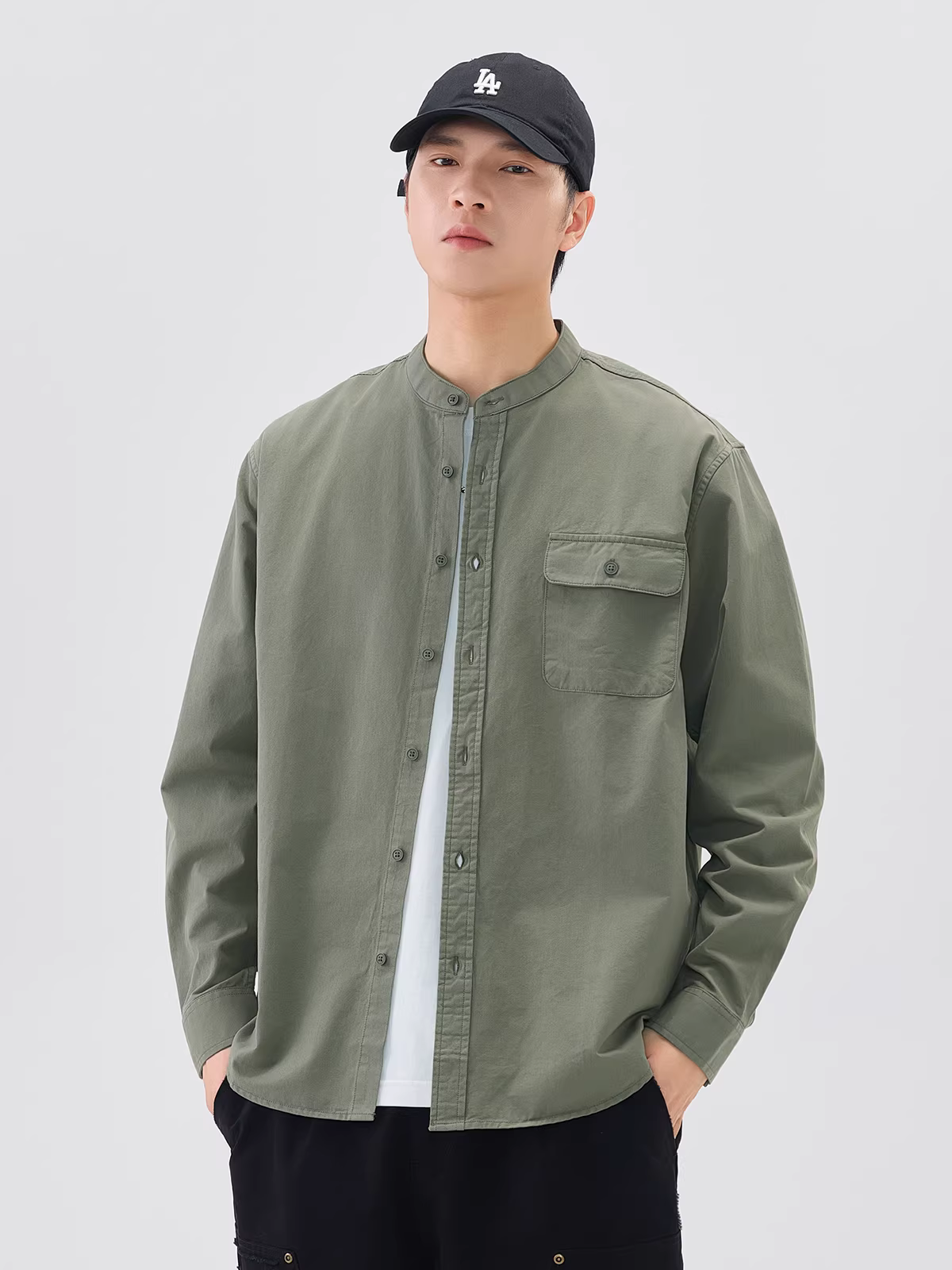 Áo sơ mi cổ đứng hạng nặng 350G dành cho nam, dài tay, mùa xuân và mùa thu, phong cách Mỹ, dáng rộng, màu trơn, áo khoác sơ mi công sở bằng vải cotton nguyên chất thông thường.