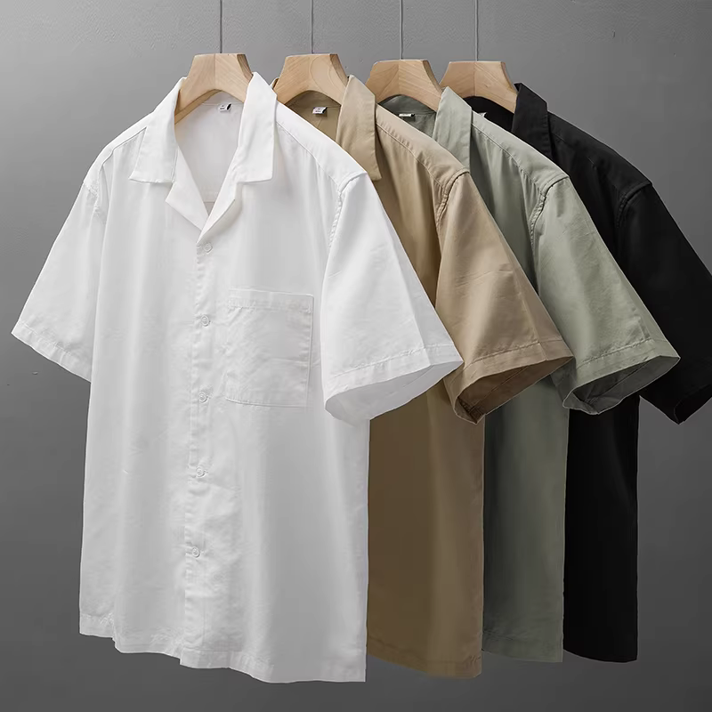 Áo sơ mi nam cổ Cuba tay ngắn, kiểu Mỹ cổ điển mùa hè, dáng rộng, chất liệu lụa đá mát mẻ, có túi, kiểu áo khoác