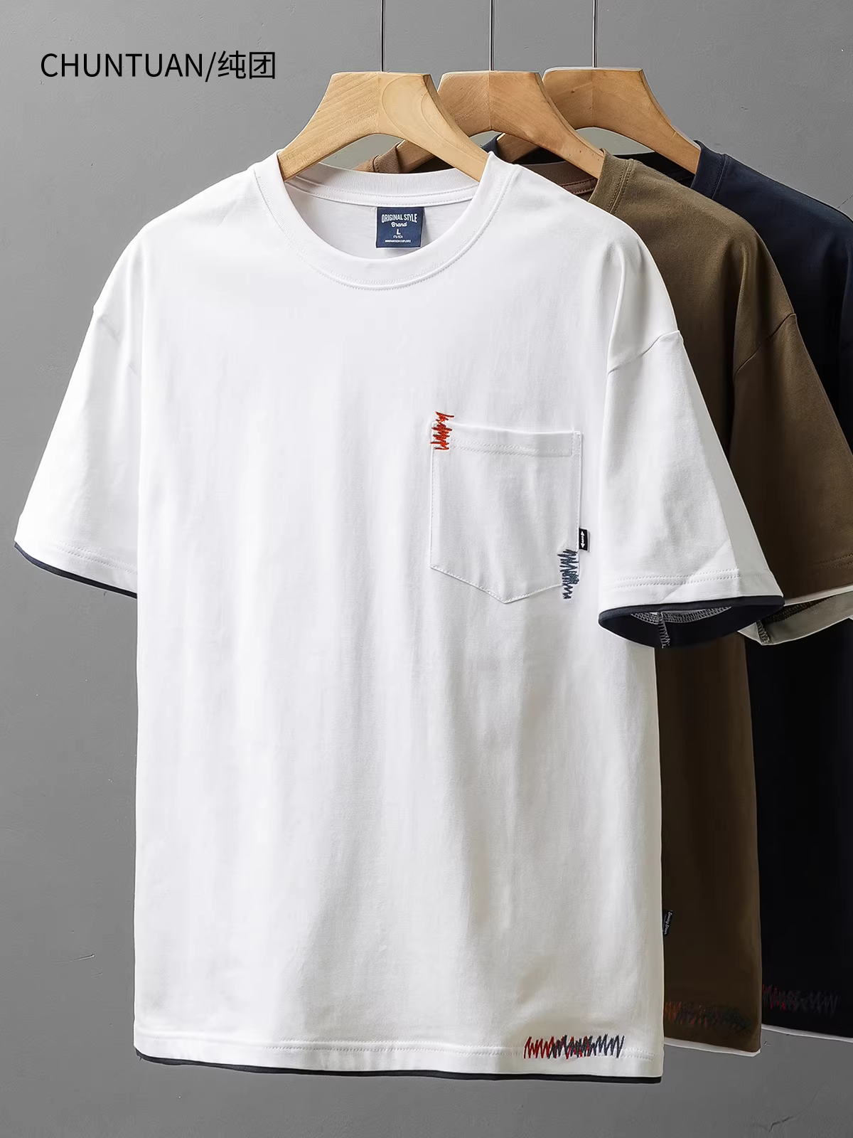 Áo thun cotton nguyên chất hạng nặng 280G dành cho nam, tay ngắn, dáng rộng mùa hè, cổ tròn, có túi, tay lửng, thương hiệu thời trang phong cách Mỹ, áo thun giả hai mảnh.