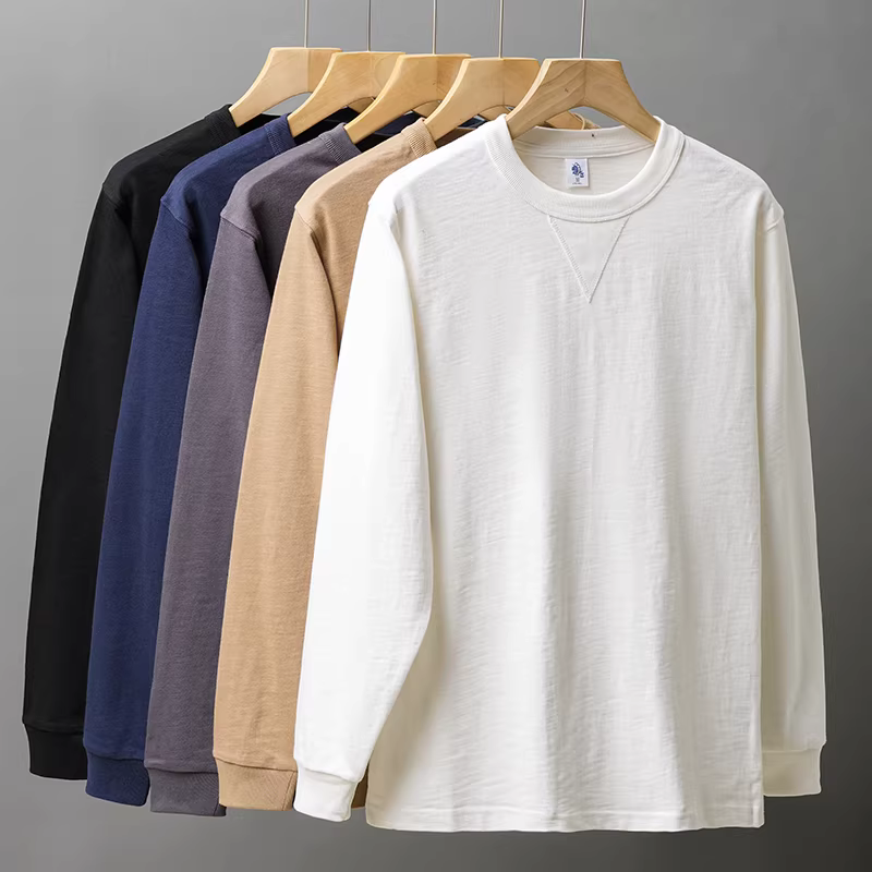Áo thun dài tay hạng nặng ba kim 320G dành cho nam, áo len cổ tròn hình tam giác ngược phong cách Mỹ mùa thu, áo sơ mi cotton nguyên chất màu trơn.