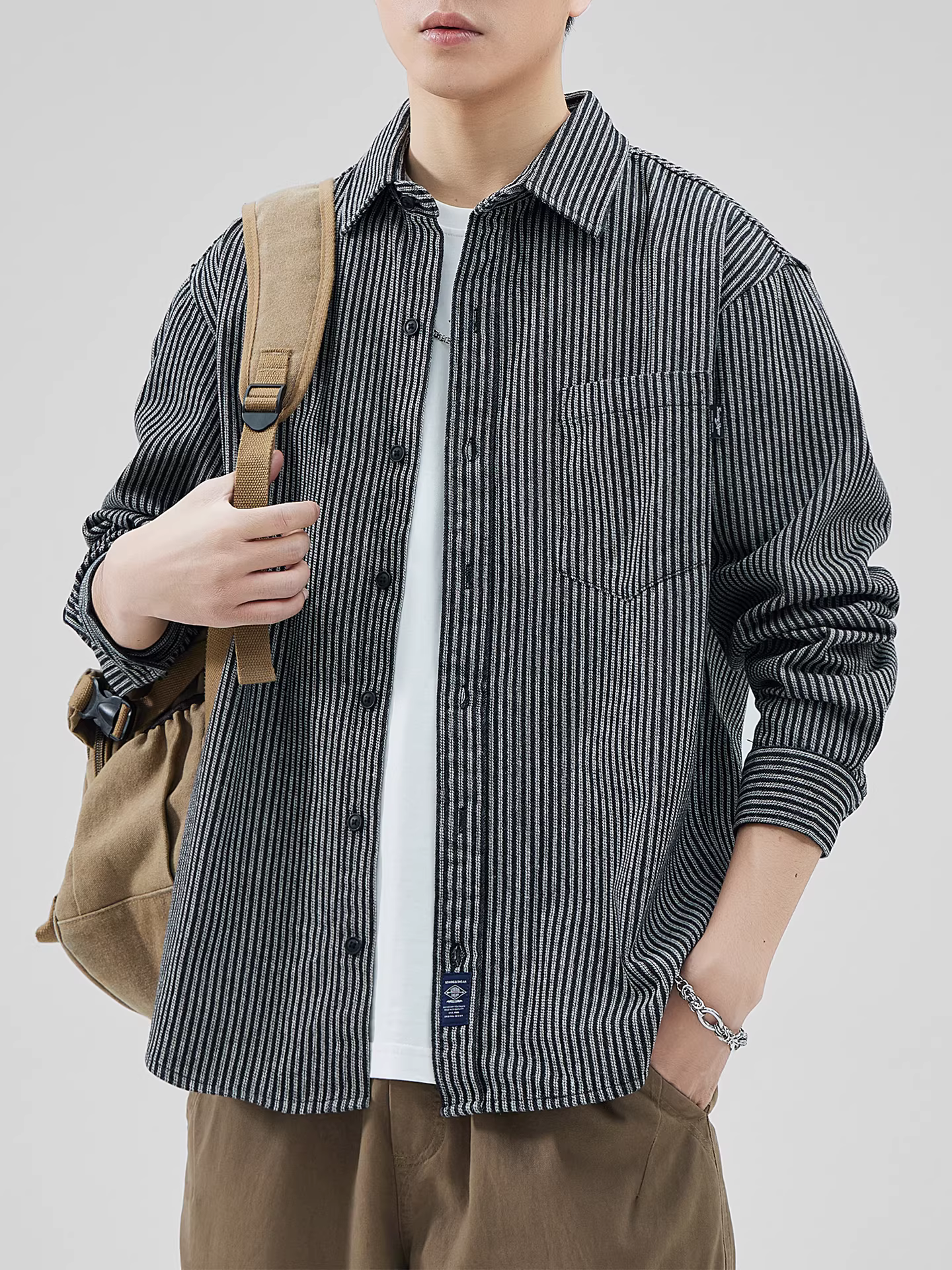 Áo sơ mi sọc cotton nguyên chất dành cho nam, dài tay, mùa xuân thu, áo khoác sơ mi màu xanh lam phong cách Nhật Bản giản dị hợp thời trang