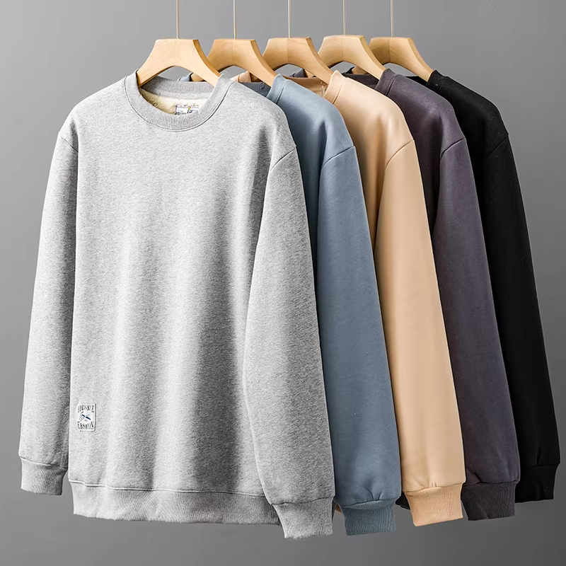 Áo len lông cừu nặng 500G dành cho nam, màu trơn mùa thu đông, lót lông cừu, dày dặn, áo khoác cổ tròn giữ ấm.