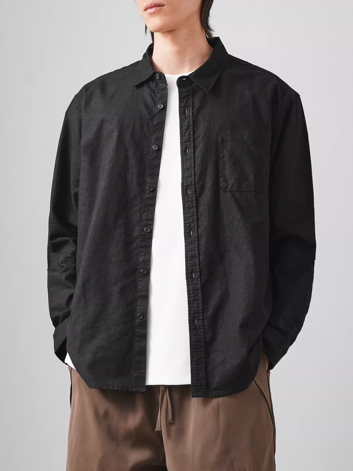 Áo sơ mi dài tay chất liệu vải lanh kiểu Mỹ dành cho nam, mẫu mới thu đông 2024, thoáng khí, rộng rãi, cao cấp, chất liệu cotton-lanh, màu trắng.