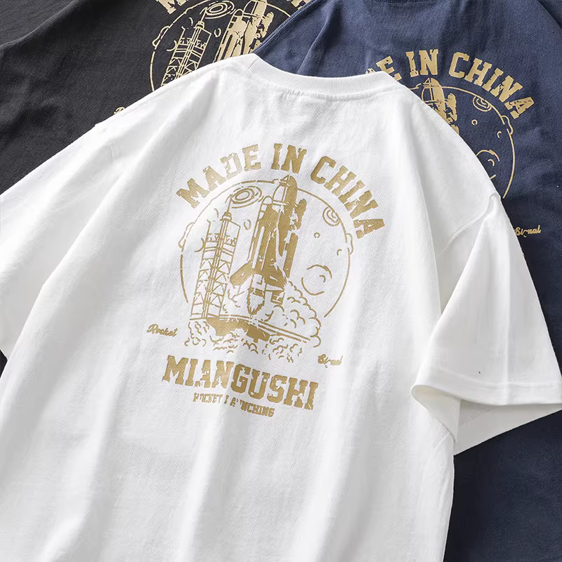 Áo thun ngắn tay in hình tên lửa hạng nặng 320G kiểu Mỹ nguyên chất dành cho nam, mùa hè chất liệu cotton nguyên chất cổ tròn, tay áo nửa tay kiểu dáng thông thường, hợp thời trang