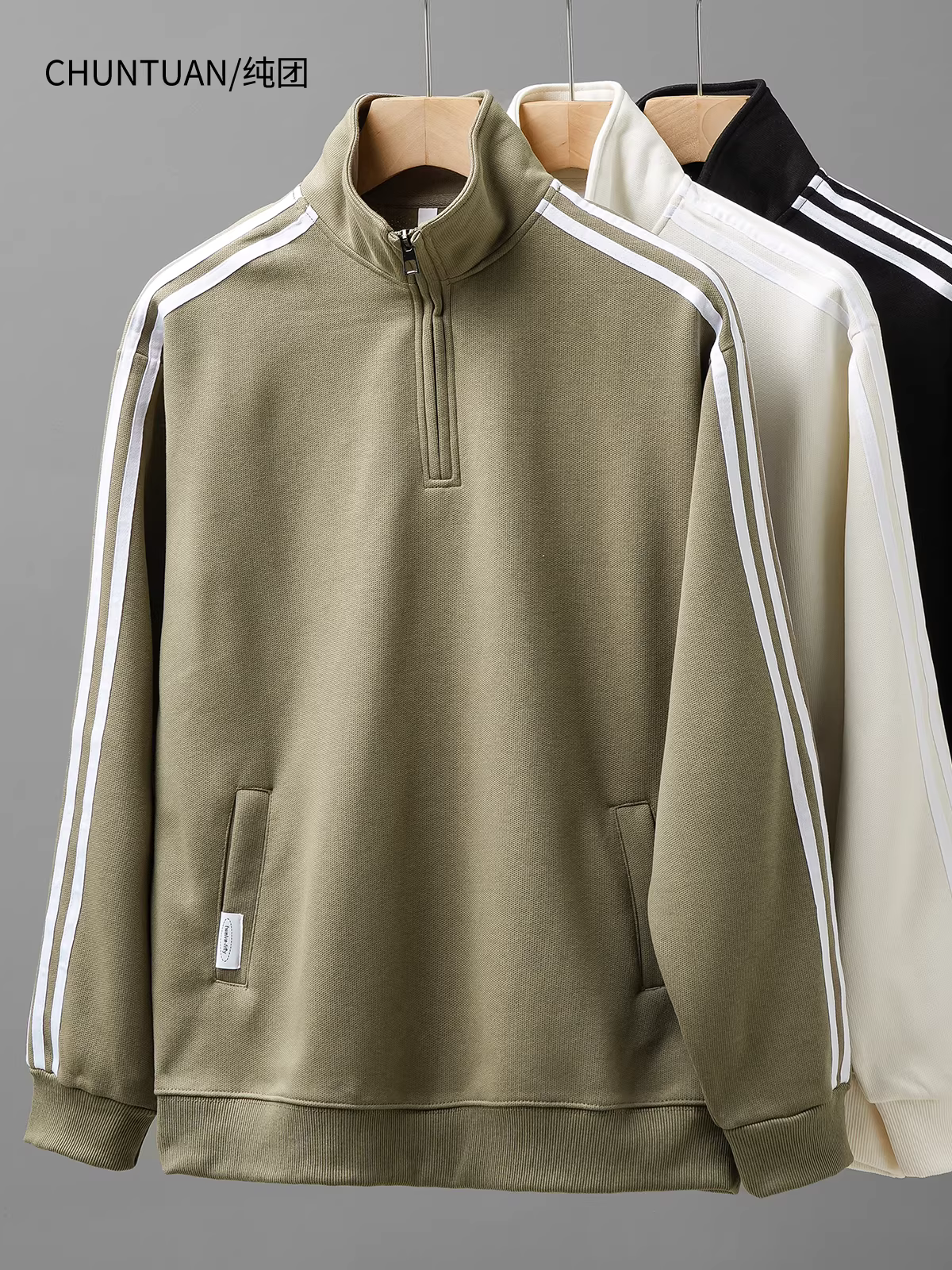 Áo khoác nỉ nửa khóa kéo nam 320G, kiểu dáng Mỹ mới mùa thu đông 2024, dáng rộng, phối sọc, cổ đứng