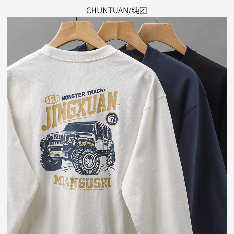 Áo thun cotton nguyên chất 320G dày dặn dành cho nam, áo lót dài tay, áo sweatshirt in hình hoạt hình thời trang retro Mỹ mùa thu