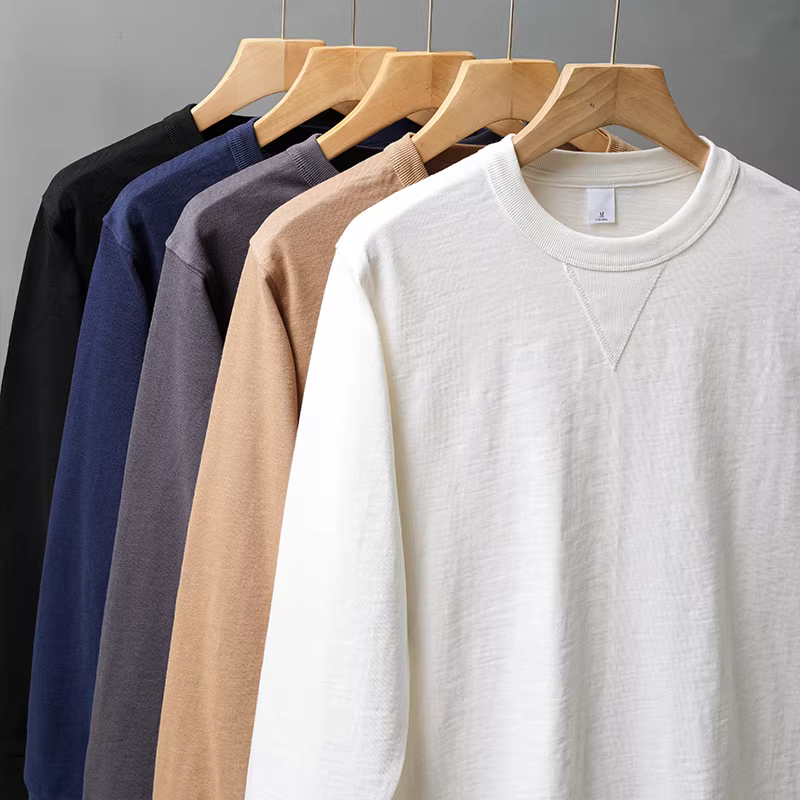 Áo thun dài tay hạng nặng ba kim 320G dành cho nam, áo len cổ tròn hình tam giác ngược phong cách Mỹ mùa thu, áo sơ mi cotton nguyên chất màu trơn.