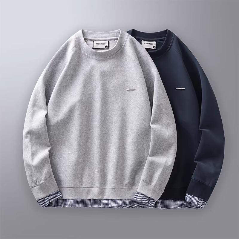 Áo khoác nam giả hai lớp chất liệu dày 340G, kiểu dáng Mỹ mới thời thượng mùa xuân thu 2025, thiết kế xu hướng, dáng rộng, cổ tròn, tay dài.